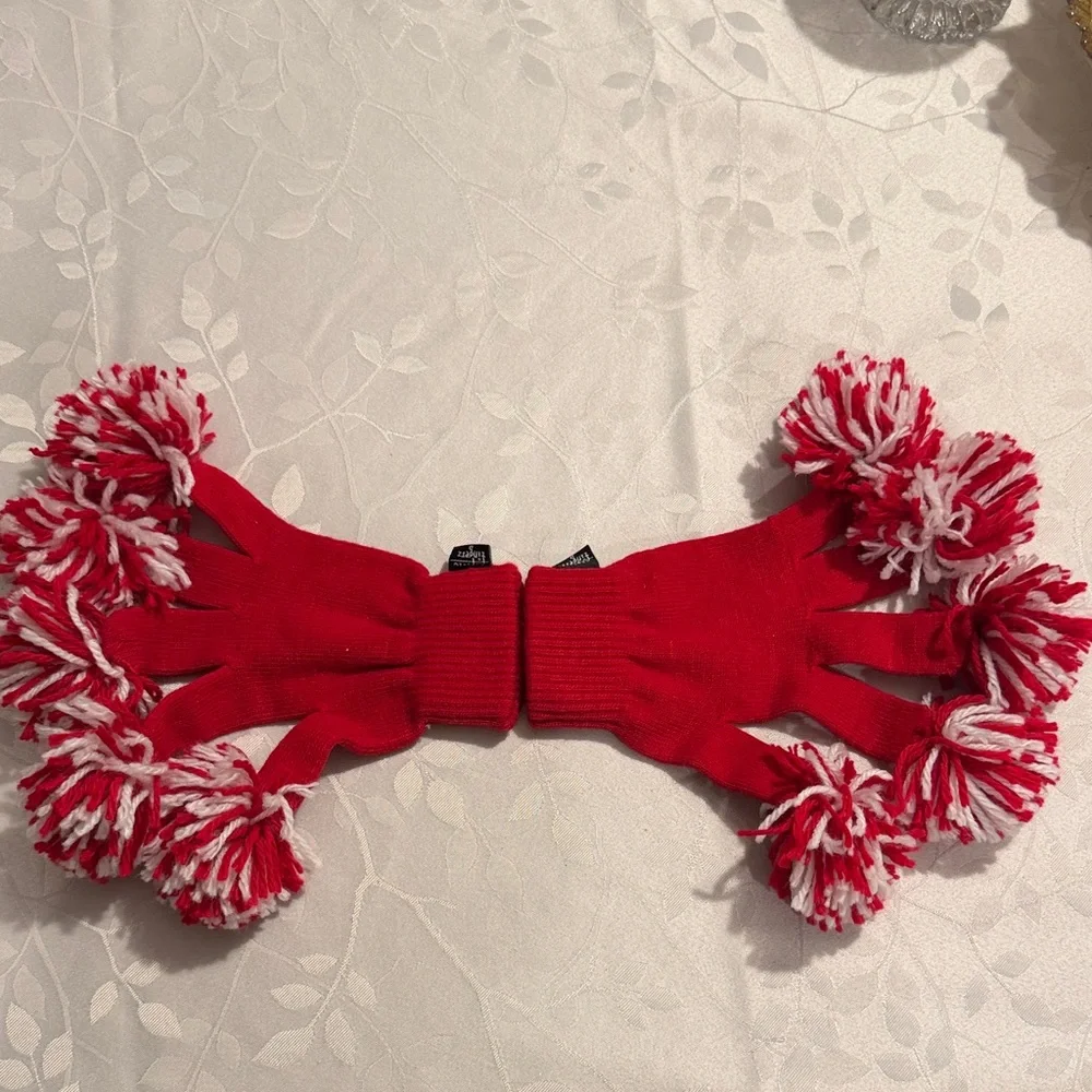 Vibrant Red and White Mittens with Pom-Poms